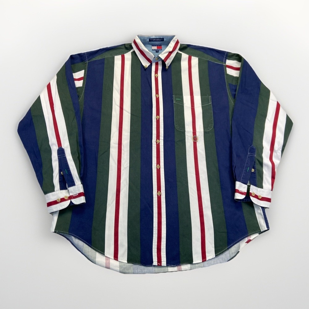Tommy Hilfiger Shirt Mens L Colorblock Stripe Button Up Vintage 90s Streetwear